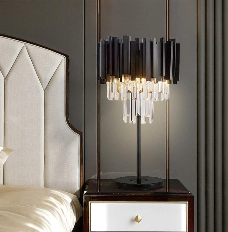 Modern table lamp with Black Wyvern K9 crystal design creating elegant ambiance for bedroom nightstand living room decor