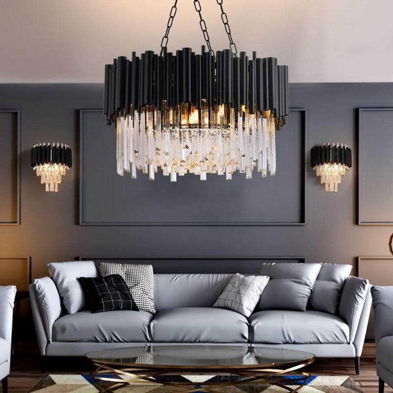 Contemporary black K9 crystal chandelier with adjustable height creating lavish atmosphere for dining room living room foyer