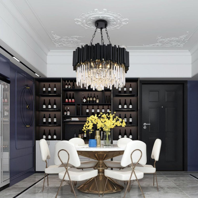 Black Wyvern K9 crystal chandelier with stunning crystals creating soft diffused illumination for modern dining room living room