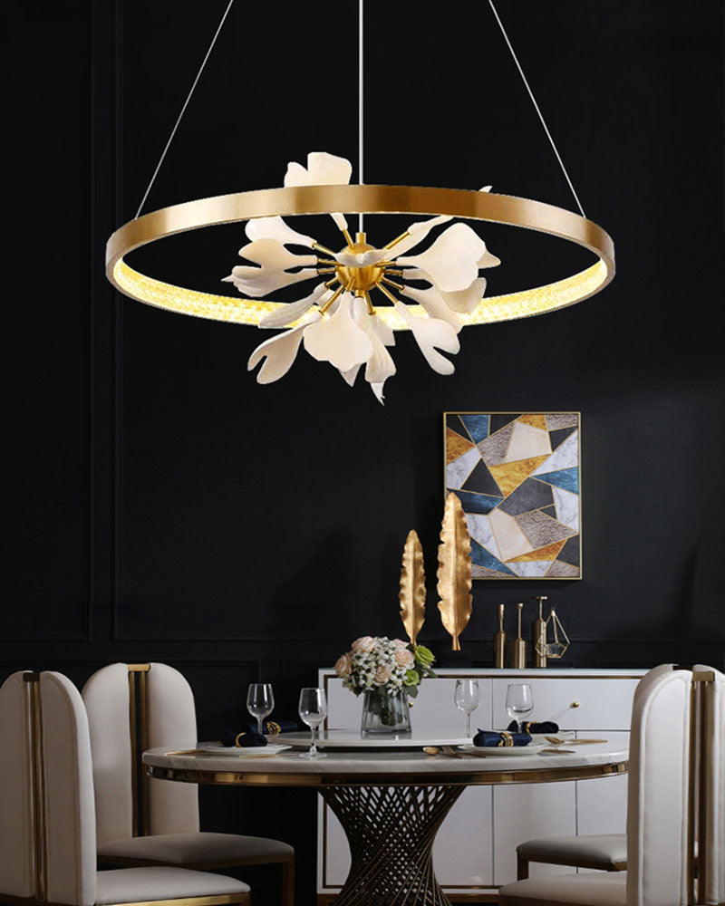 Gold petal chandelier with LED lights creating soft diffused ambient lighting for elegant dining room living room bedroom