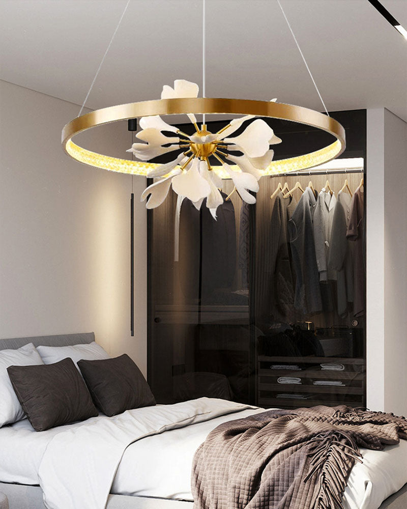 Round metal chandelier with petal-inspired design adding natural agility for contemporary living room dining room foyer