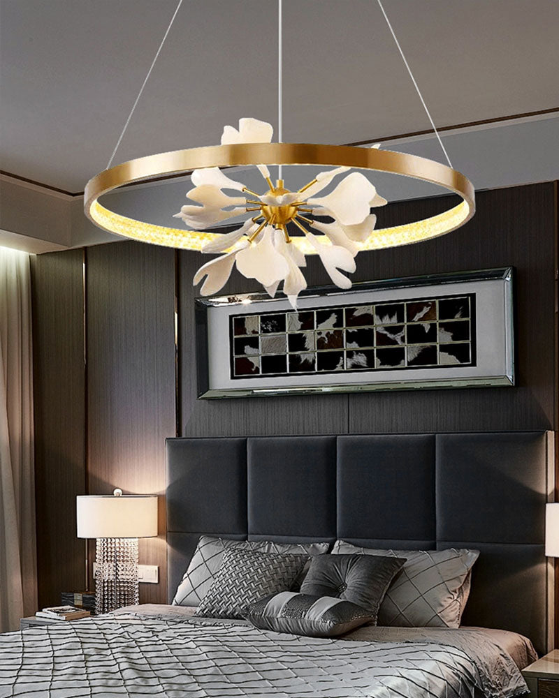 Modern petal chandelier with adjustable height and LED lights creating refined elegance for dining room living room foyer