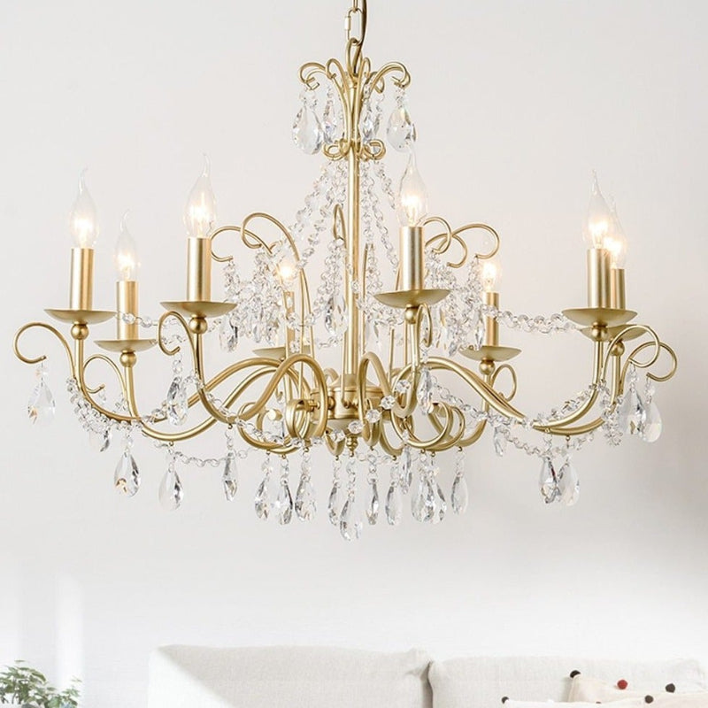 Classic European crystal chandelier with gold finish creating timeless ambiance for elegant dining room bedroom reception hall