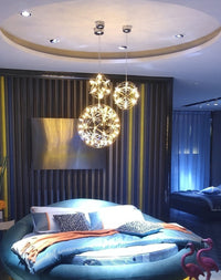 Thumbnail for LED fireworks-shaped pendant light, featuring a chrome-plated starburst dandelion design, suitable for large bedrooms, providing ambient lighting.