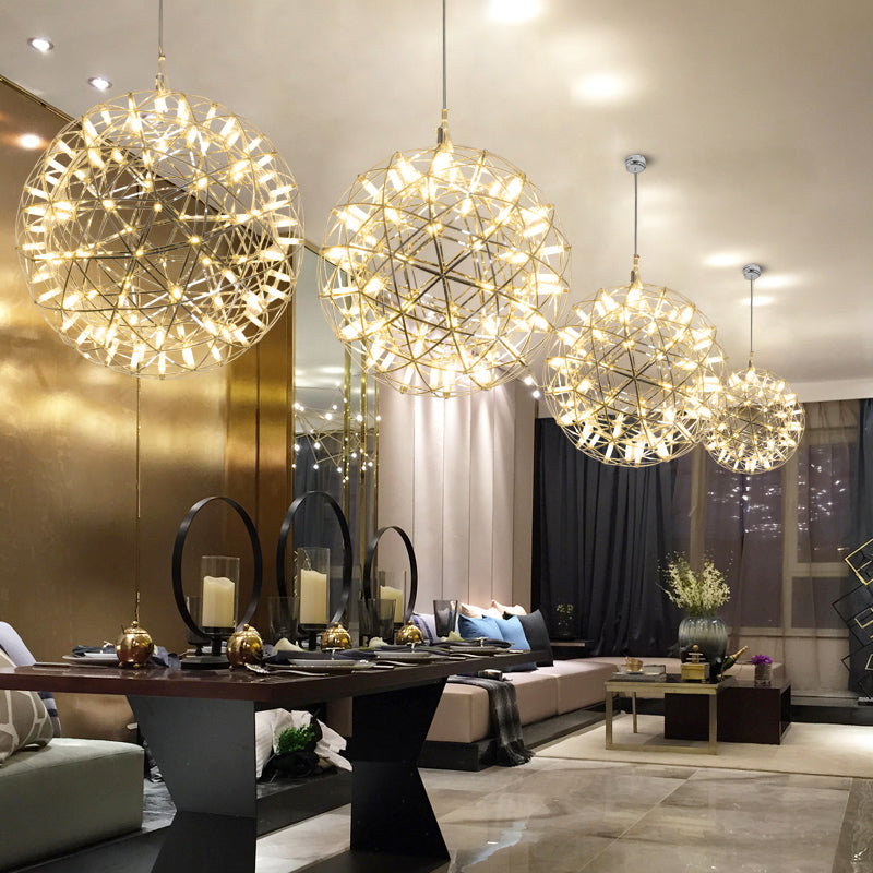 LED firework bubble chandelier light, chrome starburst dandelion design for dining room foyer high ceiling lighting