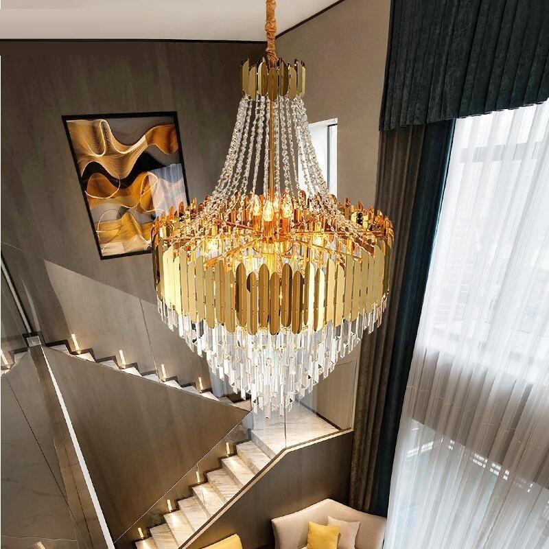  The Chalice K9 crystal chandelier with starburst silhouette creating celestial allure for luxury hotel lobby living room