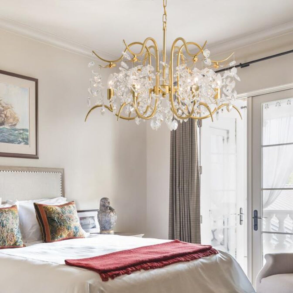 Crystal pendant lighting featuring Champagne Cascade precision-cut design with waterfall effect for elegant dining room foyer
