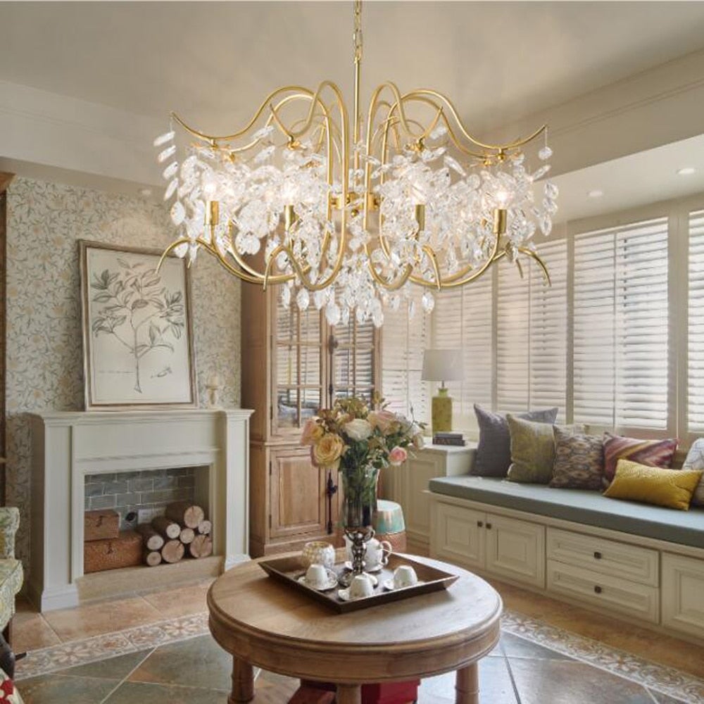 Chandelier crystals with Champagne Cascade precision-cut design creating brilliant refraction for modern dining room foyer lighting