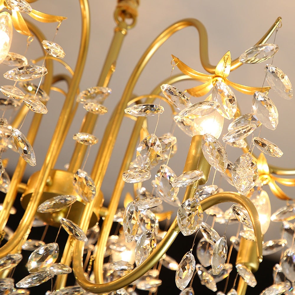 Precision-cut crystal pendant light featuring Champagne Cascade design with cascading arrangement for luxury dining room entryway