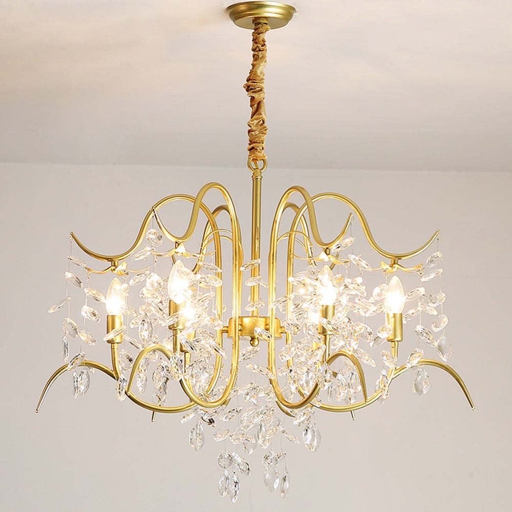 Champagne Cascade precision-cut crystal chandelier with pendant lights creating elegant lighting for dining room foyer high ceiling