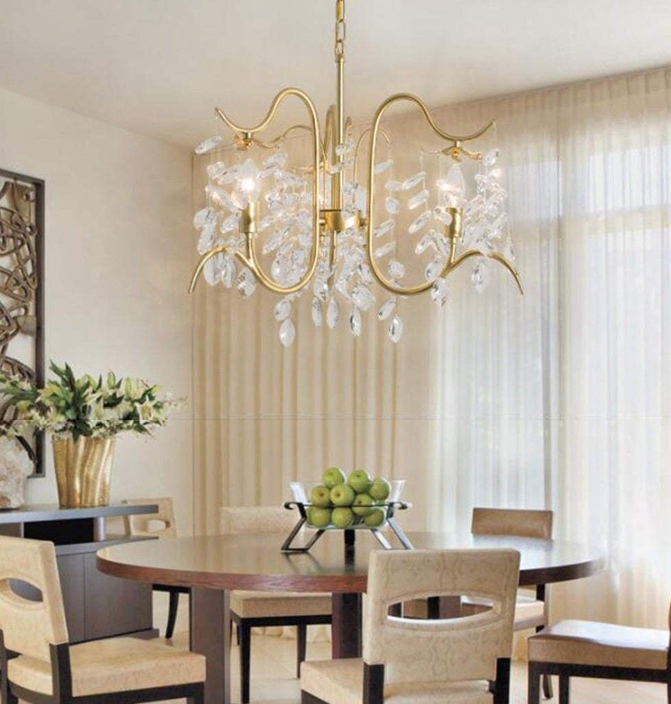 Luxurious Champagne Cascade chandelier with precision-cut crystals creating elegant ambiance for dining room foyer high ceiling