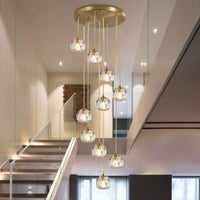 Thumbnail for Modern brass crystal chandelier with multi-faceted ball design creating brilliant refraction for staircase foyer entryway lighting