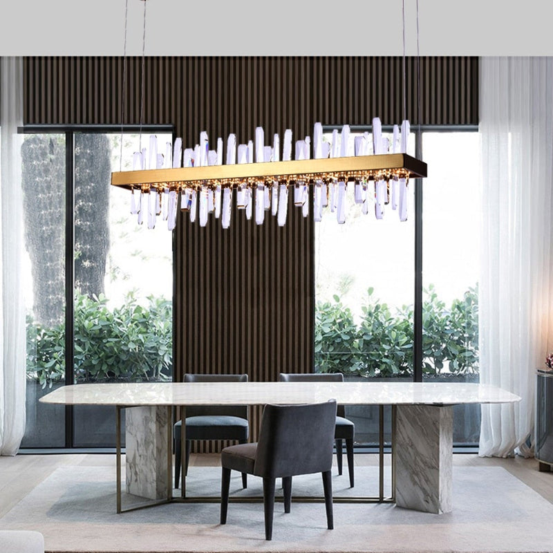 Crystal Bar brushed gold chandelier with linear design creating elegant lighting for dining room kitchen island modern interior