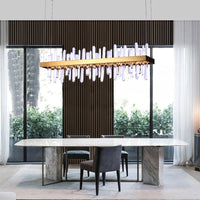 Thumbnail for Crystal Bar brushed gold chandelier with linear design creating elegant lighting for dining room kitchen island modern interior