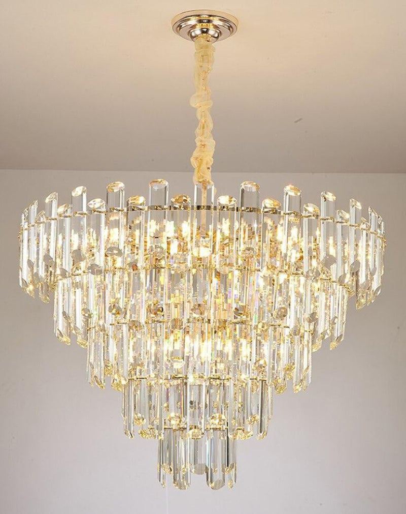 Modern K9 crystal pendant lights with E14 LED bulbs creating luxurious glow for contemporary dining room living room foyer