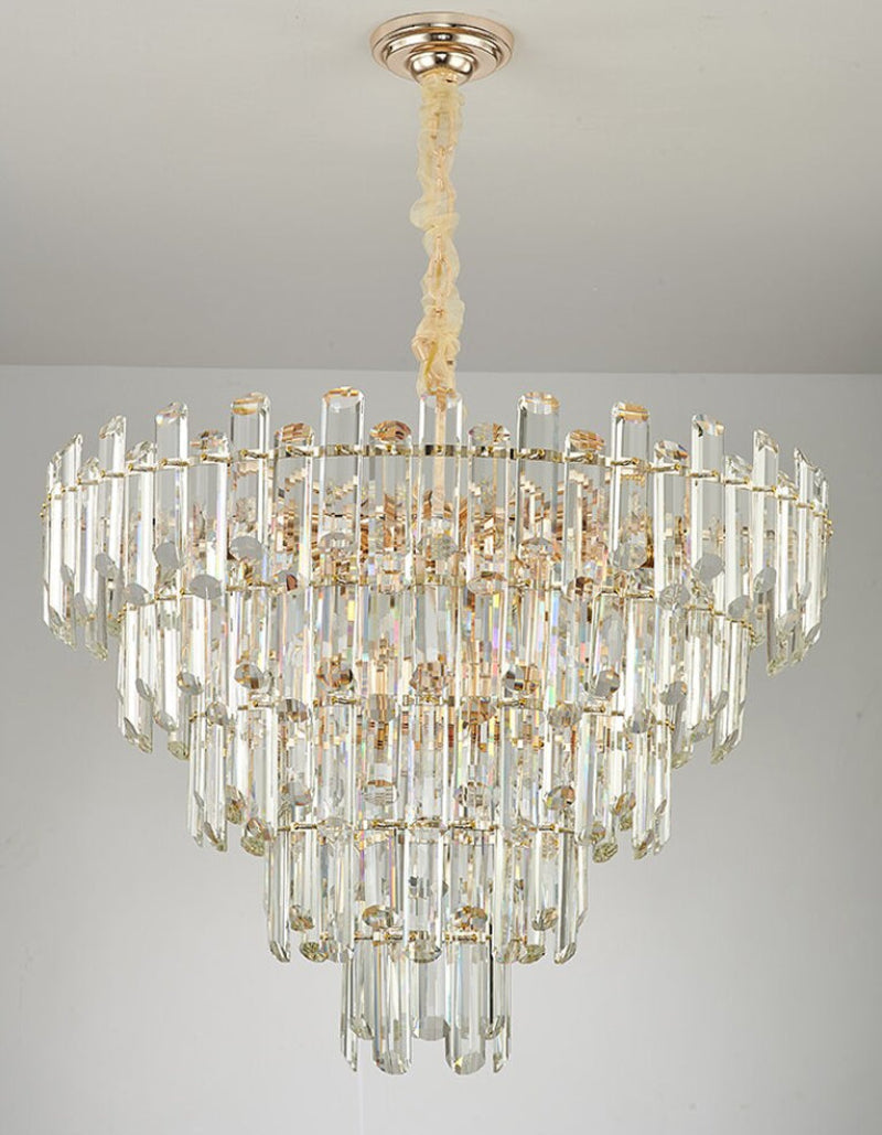 Hanging K9 crystal light with sleek subtle design creating soft diffused illumination for modern foyer dining room entryway