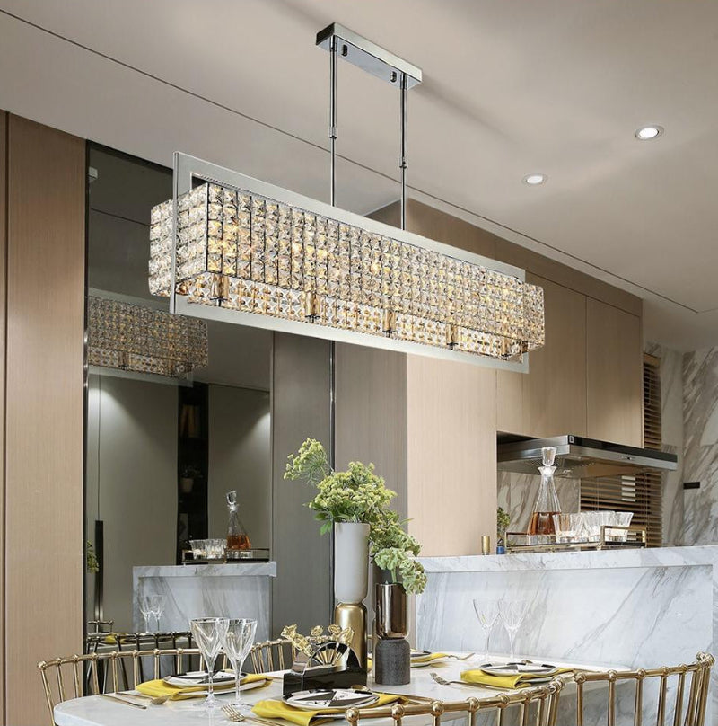 Crystal Confinement chandelier with sleek chrome finish and K9 crystals creating elegant luxurious ambiance for dining room