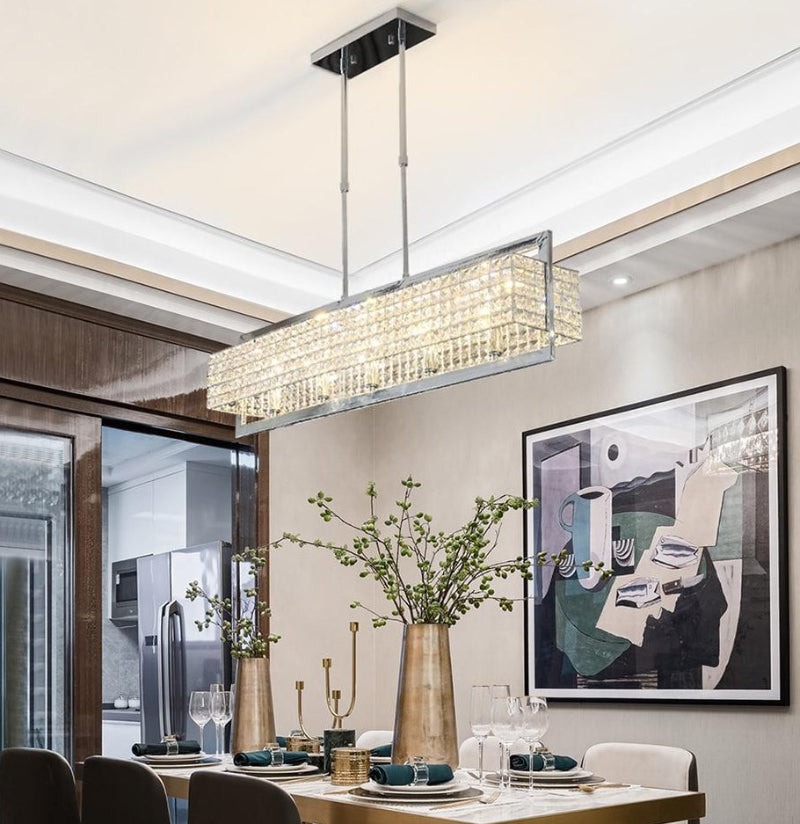 Elegant chrome K9 crystal chandelier with confinement design creating impressively eye-catching focal point for dining room