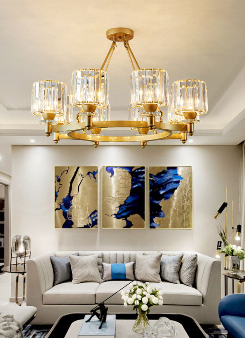 Luxury crystal chandelier with high-quality fine-cut crystals and adjustable height for refined dining room living room foyer