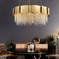 Thumbnail for Crystal Ring chandelier with gold finish and glamorous crystal tassels creating designer's dream for living room dining room bedroom