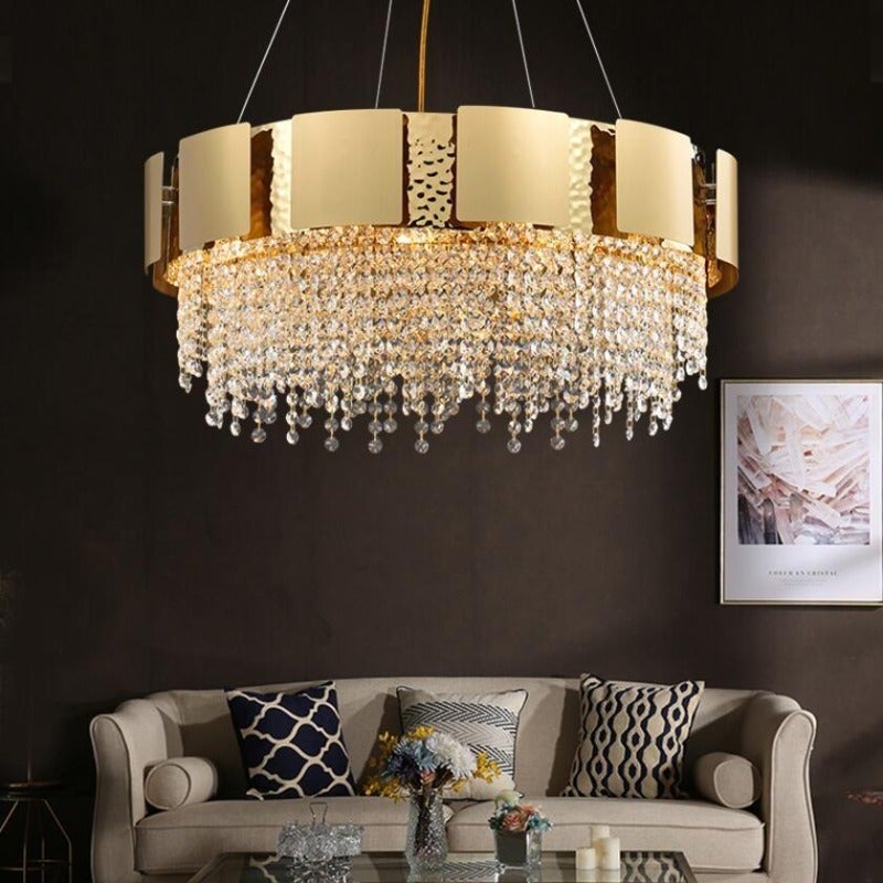 Round crystal tassel chandelier with elegant circular structure creating luxurious focal point for dining room living room bedroom