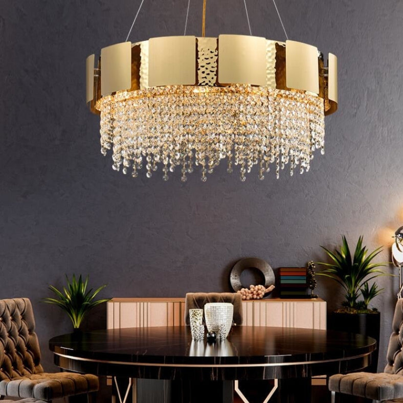 Crystal Ring chandelier with gold finish and glamorous crystal tassels creating designer's dream for living room dining room bedroom