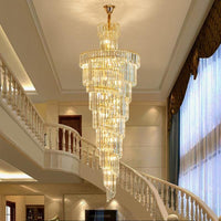 Thumbnail for Crystalline Spiral chandelier with cascading K9 crystals creating mesmerizing spiral effect for grand living room staircase foyer