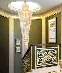 Thumbnail for  Cascading K9 crystal chandelier with spiral arrangement creating stunning light refraction for luxury staircase foyer living room