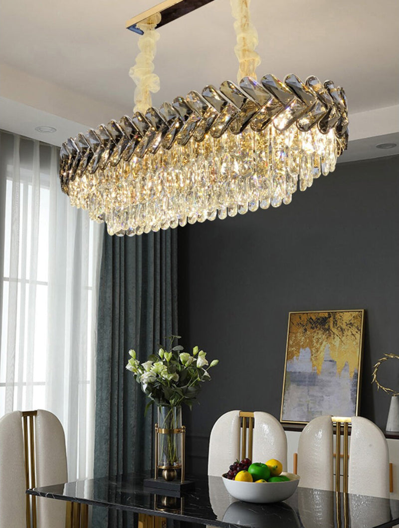 Sleek black K9 crystal linear chandelier with Cubique Chevron design creating luxurious edge for elegant dining room restaurant