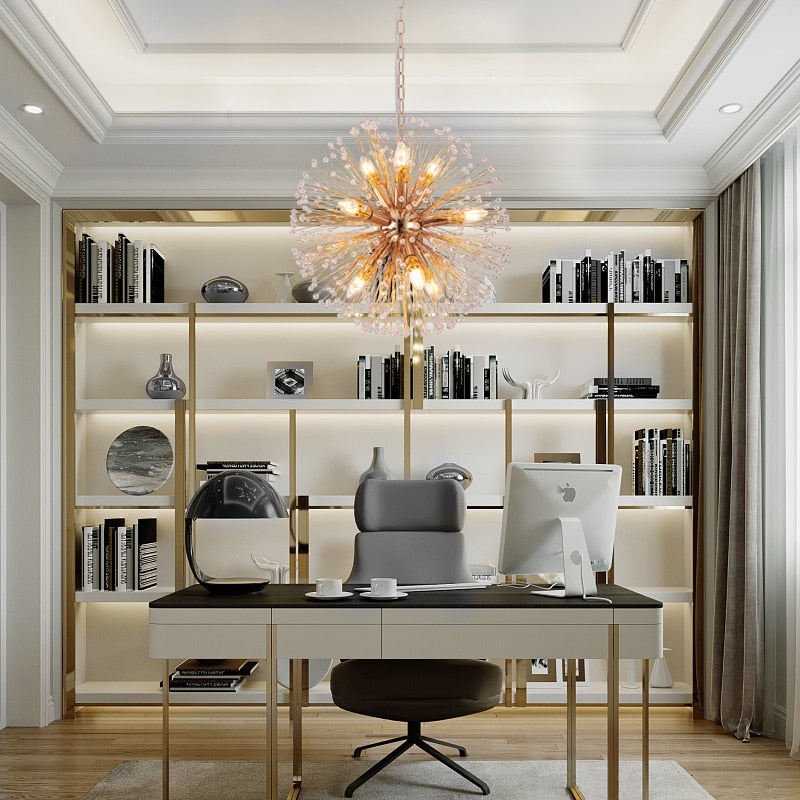 Dandelion Crystal modern LED Sputnik chandelier with starburst design creating elegant lighting for dining room foyer high ceiling