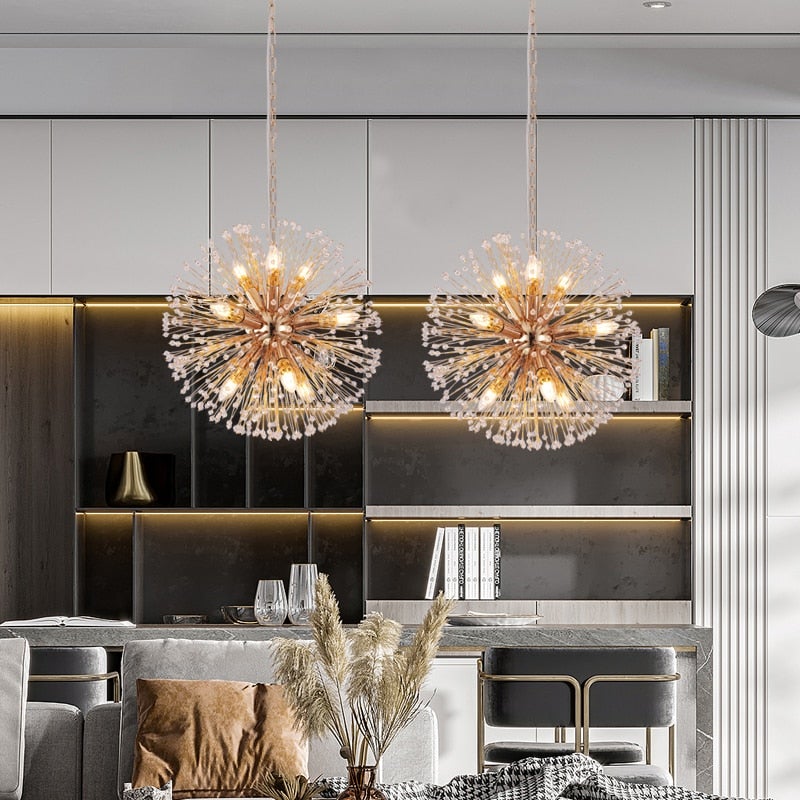 High-end chandeliers with Dandelion Crystal modern LED Sputnik design creating luxury lighting for dining room living room foyer