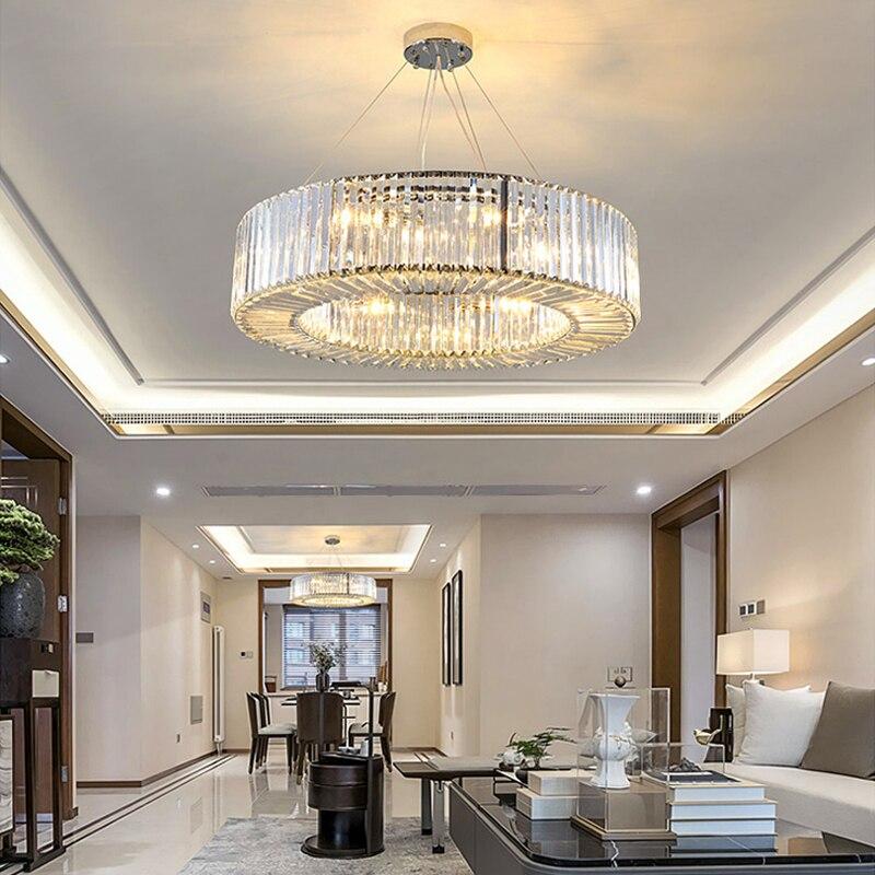 The Doughnut crystal pendant chandelier with polished chrome and circular design creating modern elegance for foyer staircase