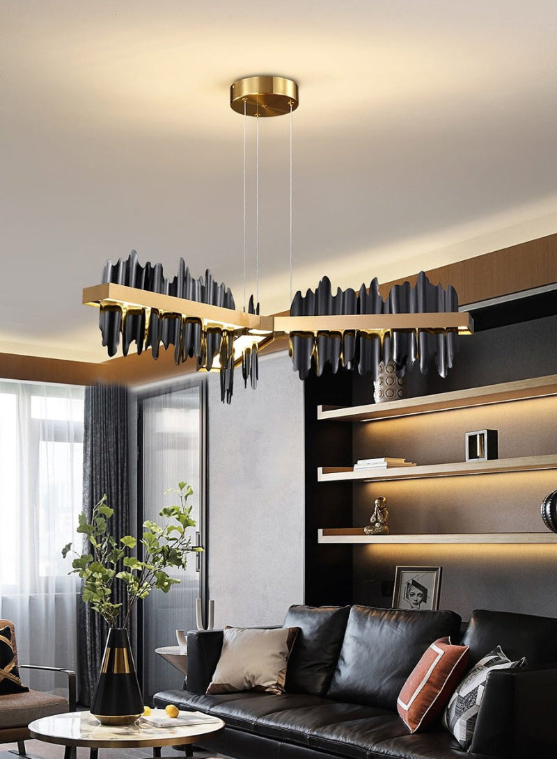 Black K9 crystal tripartition chandelier with LED strips creating optimal illumination for modern dining room living room restaurant