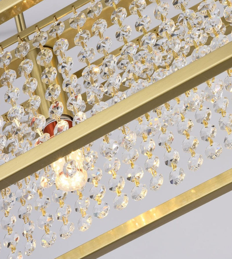 Gold K9 crystal dining chandelier with encapsulated design creating luxurious edge for elegant dining room living room foyer