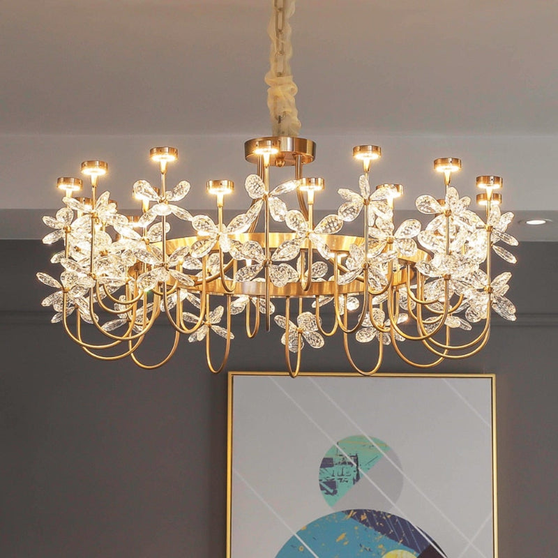 Crystal pendant ceiling lights featuring Floral Bloom Art Deco flower design for contemporary dining room entryway lighting