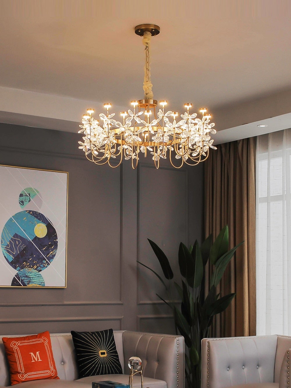 Chandelier crystal with Floral Bloom Art Deco flower design creating vintage elegance for dining room living room high ceiling