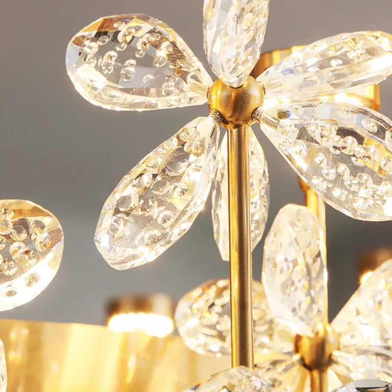 Luxurious chandelier with Floral Bloom Art Deco flower crystal design creating sophisticated ambiance for dining room foyer