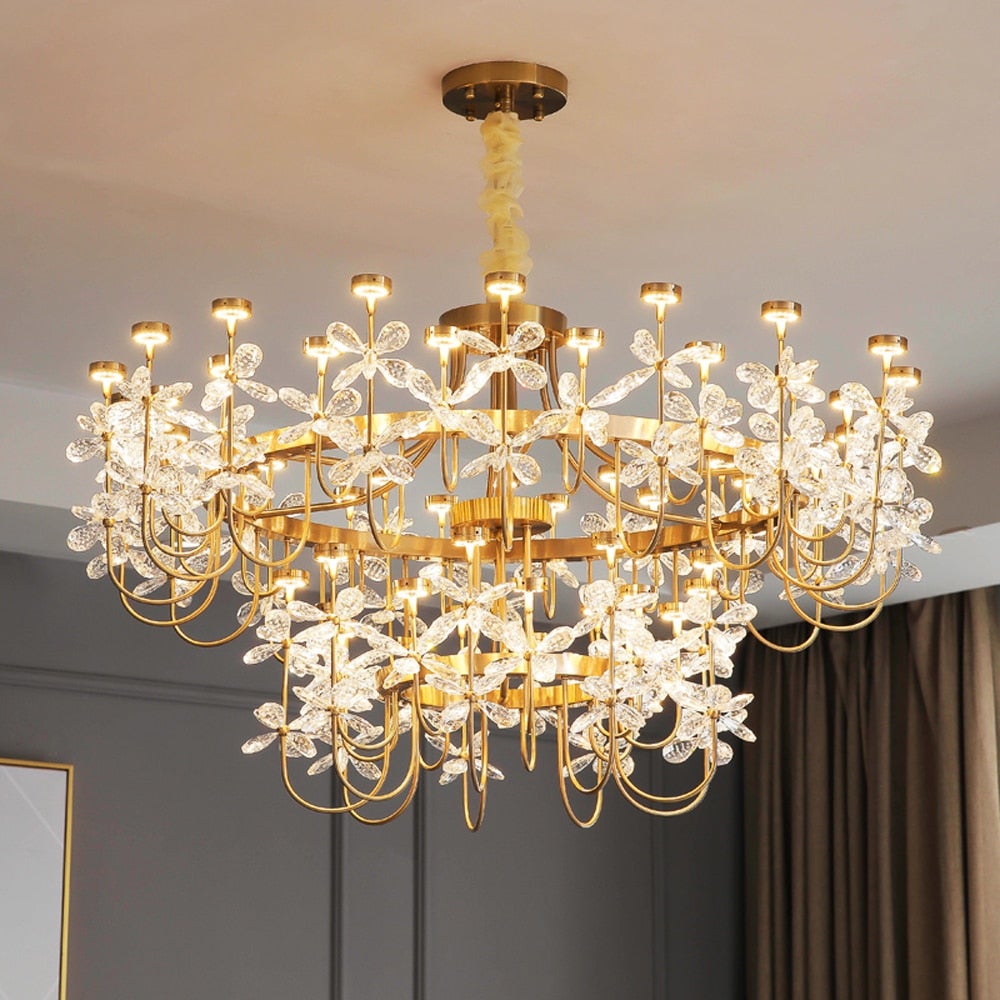 Floral Bloom Art Deco flower crystal chandelier with real crystal creating elegant lighting for dining room foyer high ceiling