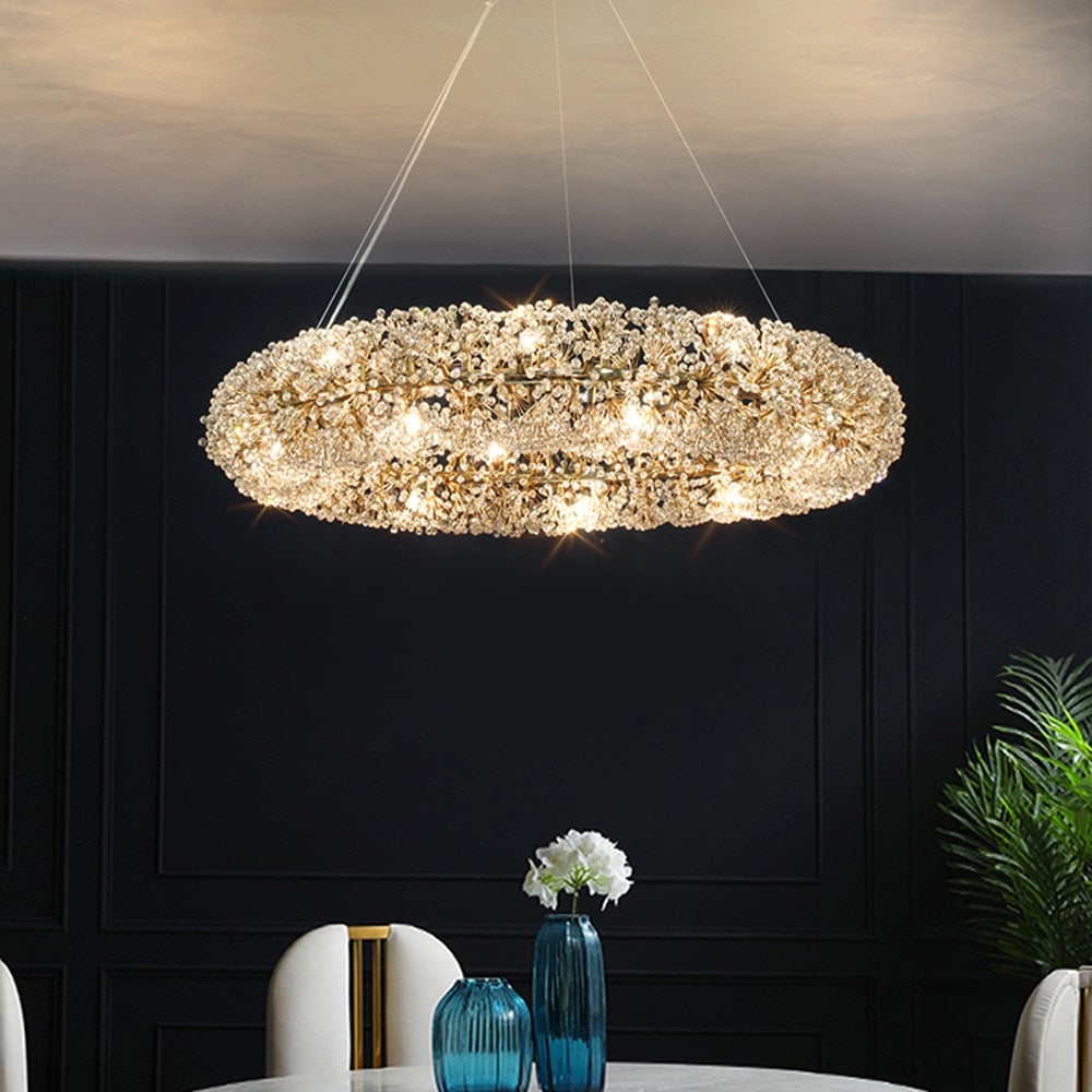 Designer Floral Ring chandelier with crystal flower elements in circular ring design for luxury dining room entryway lighting