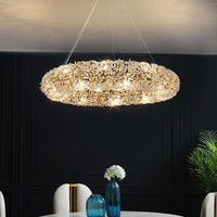 Thumbnail for Designer Floral Ring chandelier with crystal flower elements in circular ring design for luxury dining room entryway lighting