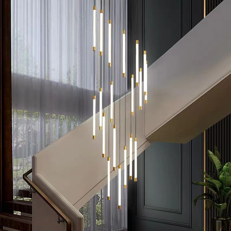 Tubular acrylic light fixture with cascading waterfall design creating even illumination for modern staircase foyer high ceiling,UL