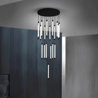 Thumbnail for Modern tubular chandelier with cascading acrylic design creating soft glowing stream for staircase foyer two-story high ceiling