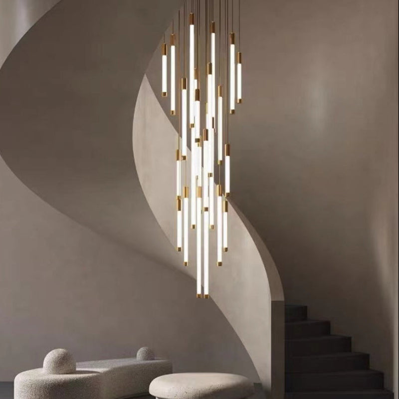 Luminous cascade chandelier with tubular acrylic design creating waterfall effect for modern staircase foyer high ceiling