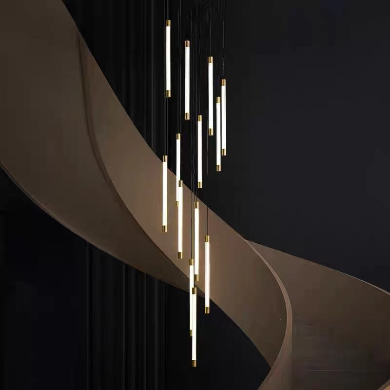Modern cascade chandelier with spiral arrangement of tubular acrylic tubes creating waterfall light effect for staircase foyer high ceiling