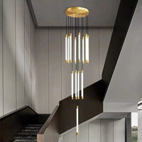 Thumbnail for Natural brass cascade chandelier with elongated tubular acrylic creating warm organic elegance for staircase foyer entryway lighting