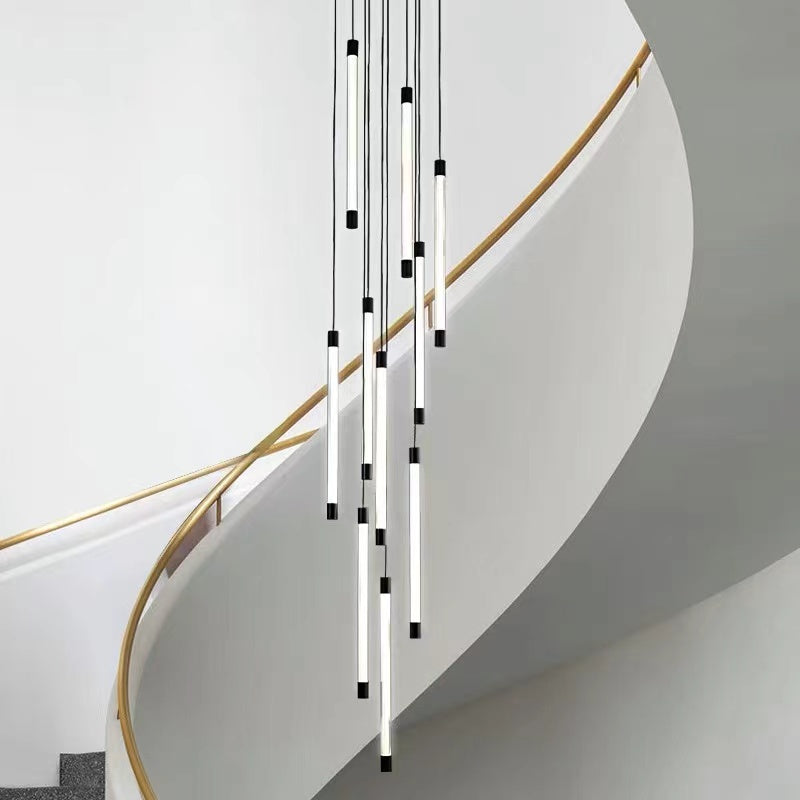 Luminous tubular chandelier with cascading acrylic design creating aurora-like glow for modern staircase foyer entryway high ceiling