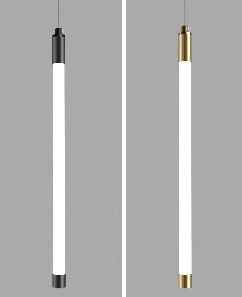 Modern tubular acrylic pendant light with cascading design showing single-head versions in different finishes for foyer staircase lighting
