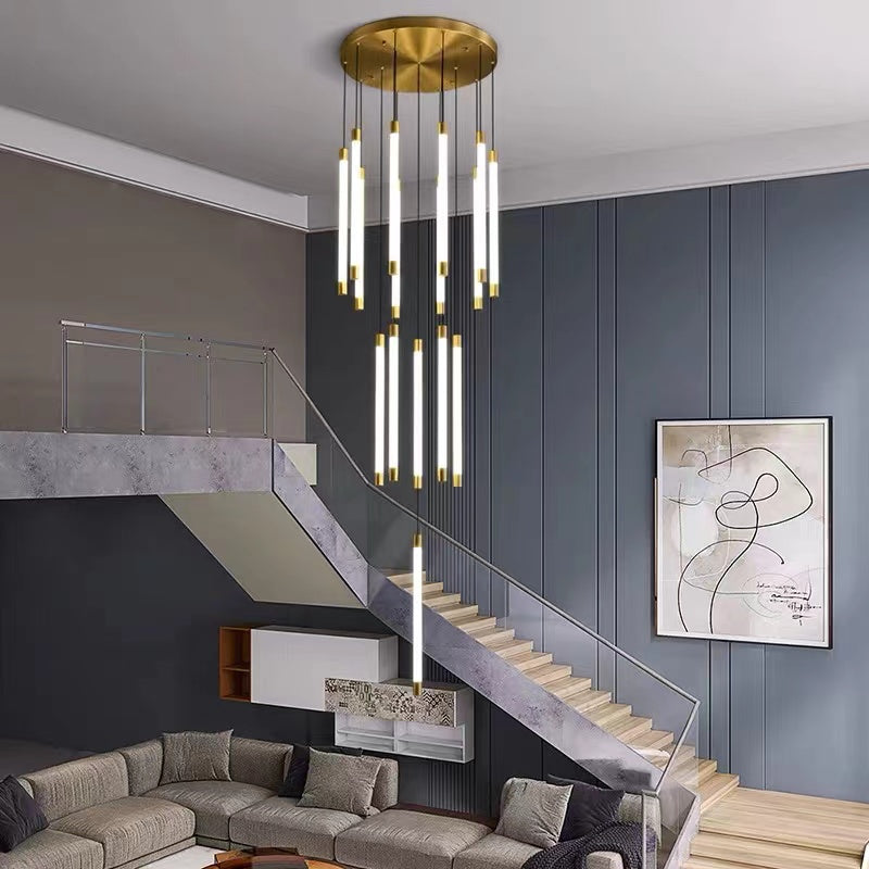 Multi-light tubular cascade with high-transparency acrylic tubes creating ethereal glow for modern staircase foyer entryway 16-46 lights