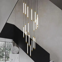 Thumbnail for UL-certified pendant cascade chandelier with elongated acrylic tubes in brass creating flowing sculpture for staircase foyer two-story ceiling