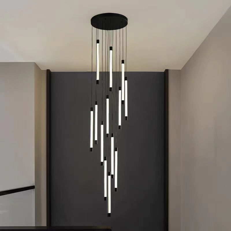 Sleek cascade chandelier featuring tubular acrylic tubes creating contemporary waterfall effect for modern staircase foyer entryway lighting